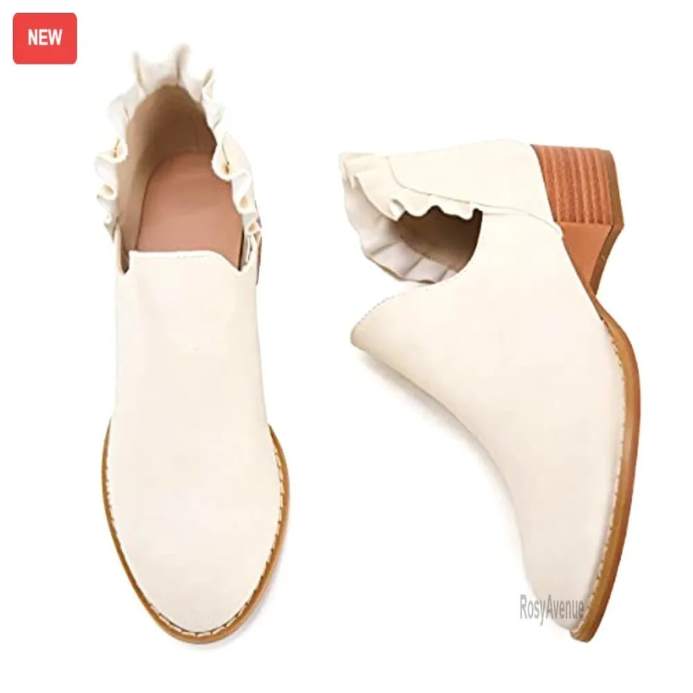 Ruffled V-Cut Ankle Boots Pointed Toe Chunky Low Heel Western Booties